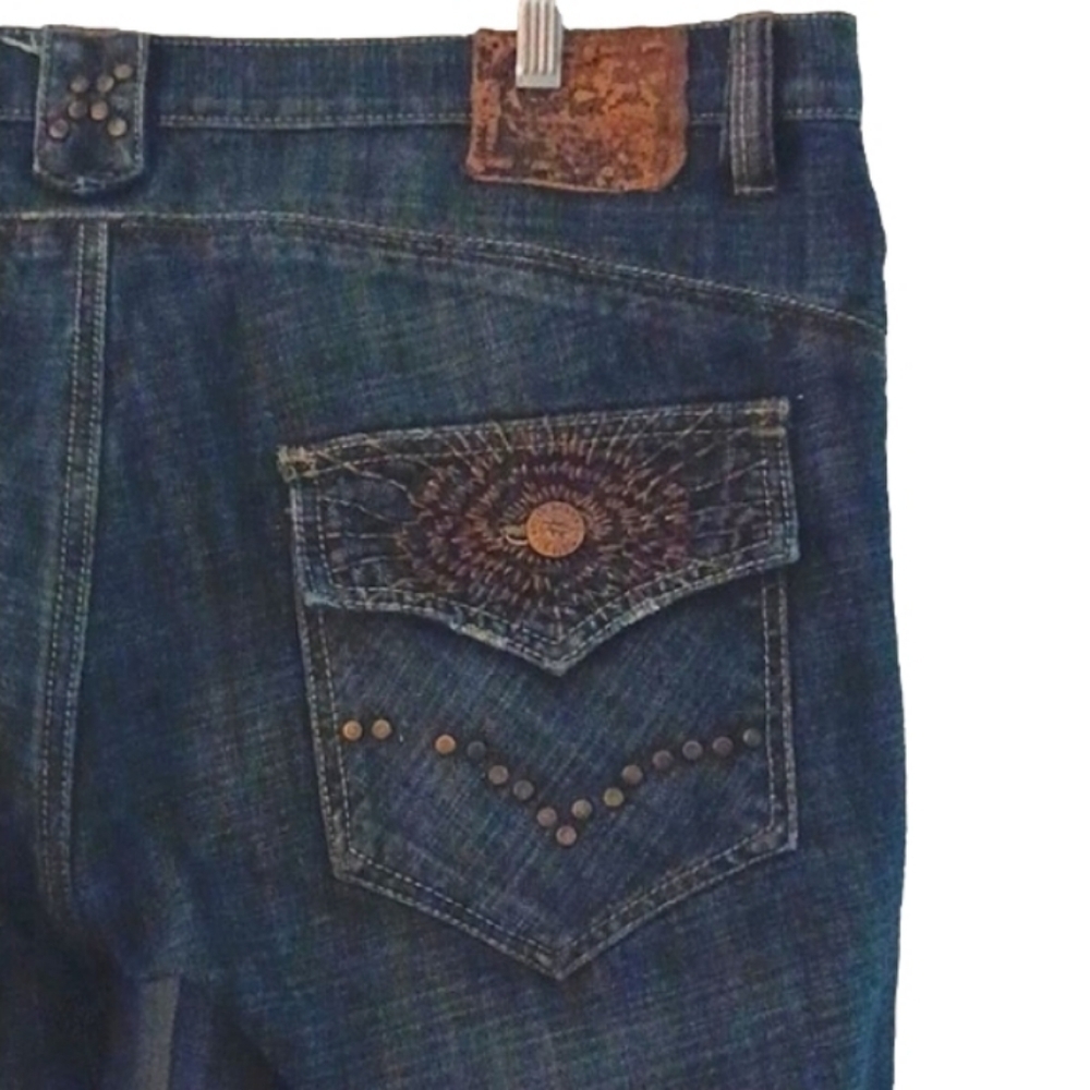 ANTIK DENIM Button-fly, Flare Leg Blue Jeans, 38W/32L